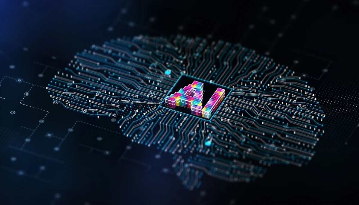 AI lettering on a digital circuit board